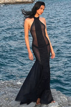 Halter Cutout Back Mesh Sheer Slim Maxi Dress