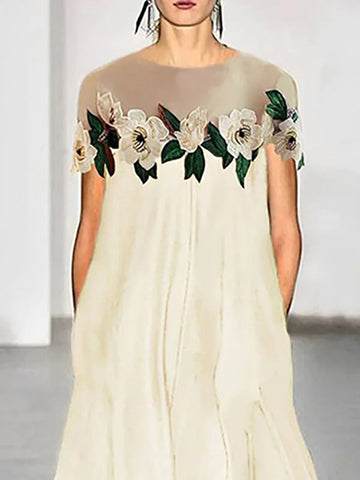 Vestidos largos holgados de manga corta con cuello redondo, abertura y adornos florales 