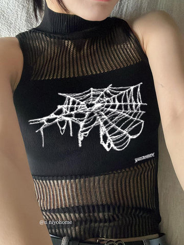 Streetwear Punk Hollowed Out Sleeveless Vest Sexy Tank Top Women Spider Print Goth Aesthetic Summer Fashion Girls Casual Tops