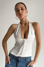 Sexy Solid Button Down Deep V Halter Top
