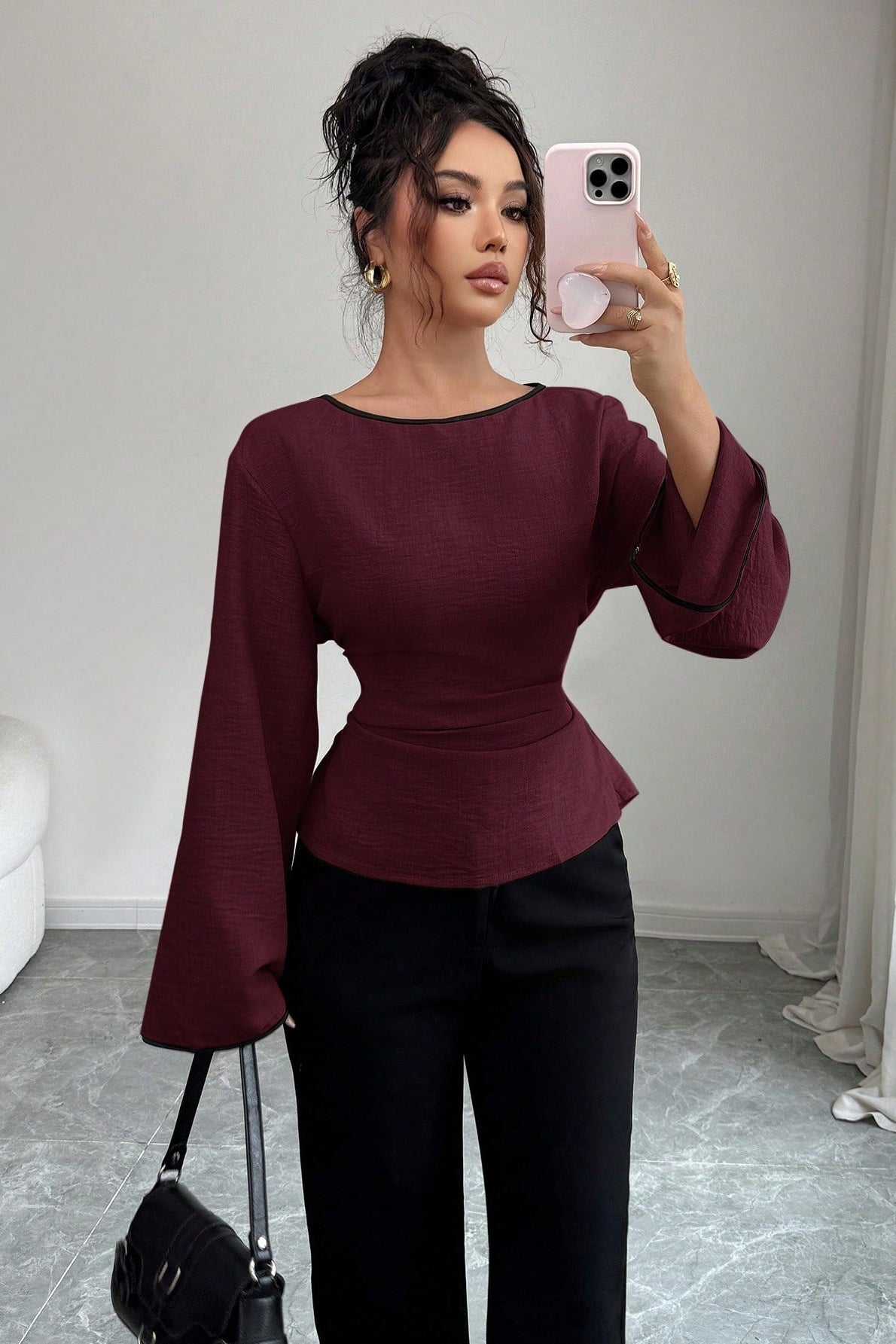 Solid Flare Sleeve Ruched Waist Blouse