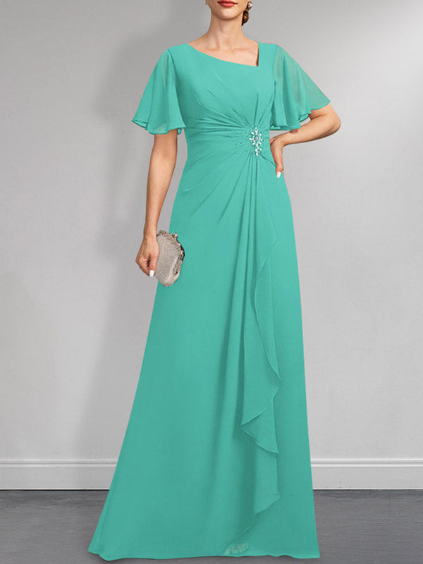 Vestido de gasa para madre de la novia, corte A, asimétrico, largo hasta el suelo, con lentejuelas y cuentas plisadas