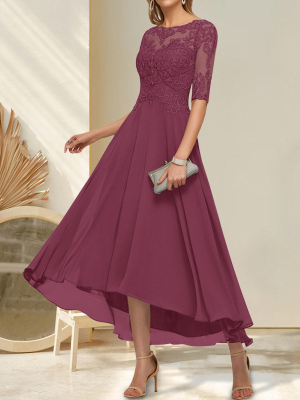A-Linien-Kleid mit U-Boot-Ausschnitt, Illusion-Effekt, asymmetrischem Chiffon-Spitzenbesatz und Paillettenstickerei für die Mutter der Braut.
