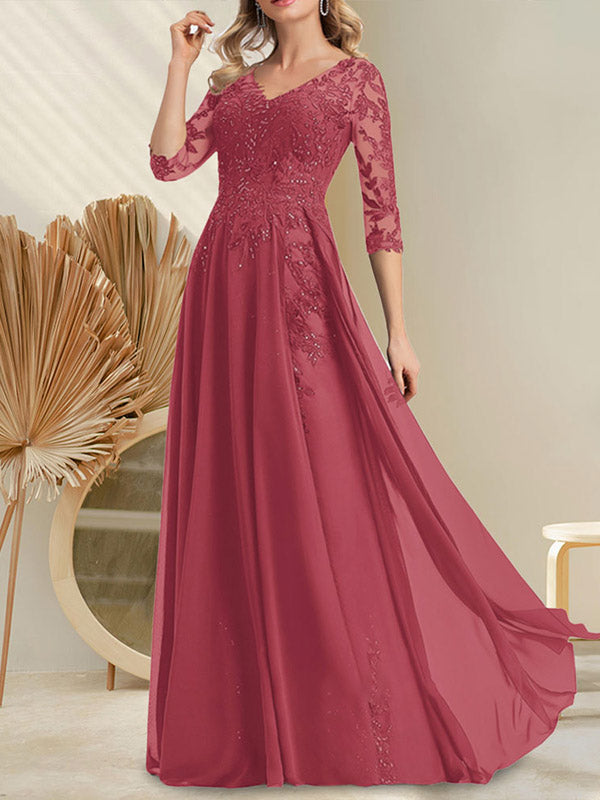 A-Linien-Kleid aus Chiffon mit V-Ausschnitt, bodenlang, mit Pailletten besetzt – ideal für die Mutter der Braut