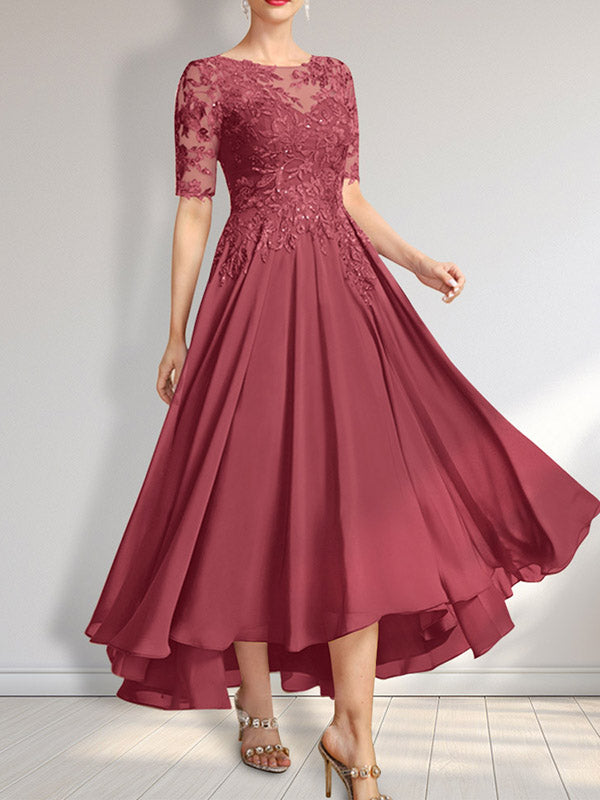 A-Linien-Kleid mit asymmetrischem Chiffon-Spitzenausschnitt und Pailletten für die Mutter der Braut 