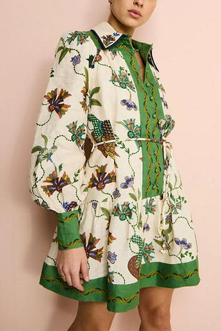 Meridress Long Lantern Sleeves Button Up Unique Print Mini Dress