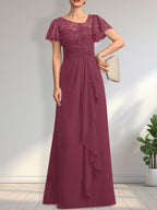A-Linien-Kleid aus asymmetrischem Chiffon mit Illusion-Effekt, bodenlang, mit Kaskadenrüschen und Pailletten für die Mutter der Braut 