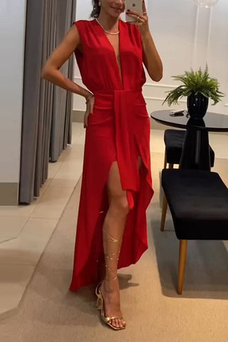 Meridress Deep V Neck Drape Front Sleeveless Swallowtail Maxi Party Dress