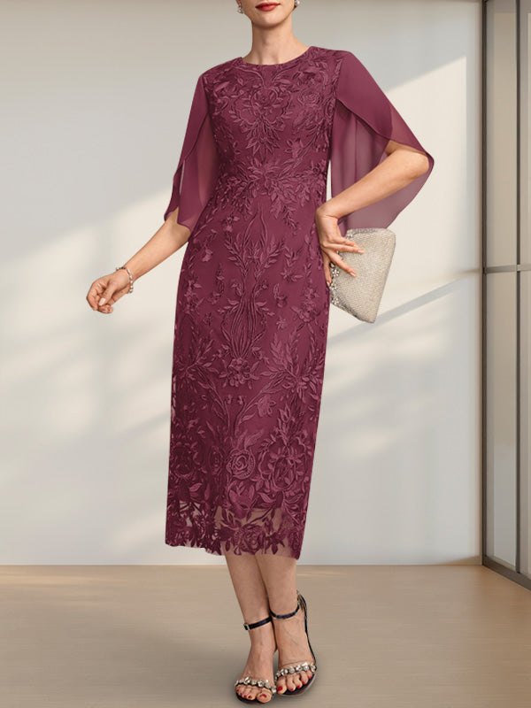 Etuikleid/Säulenkleid mit Rundhalsausschnitt, Teelänge, aus Spitze und Chiffon, ideal für die Mutter der Braut