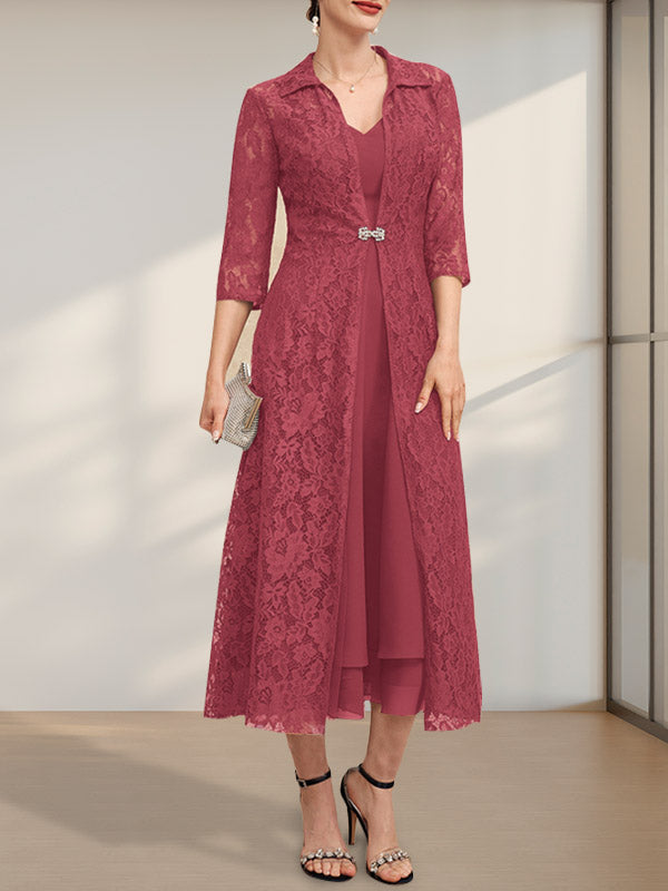 A-Linien-Chiffonkleid mit V-Ausschnitt und Teelänge für die Mutter der Braut