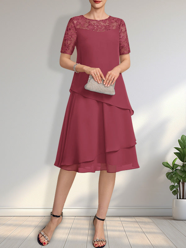 A-Linien-Kleid mit Rundhalsausschnitt, Illusion-Effekt, knielang, aus Spitze und Chiffon mit Pailletten für die Mutter der Braut