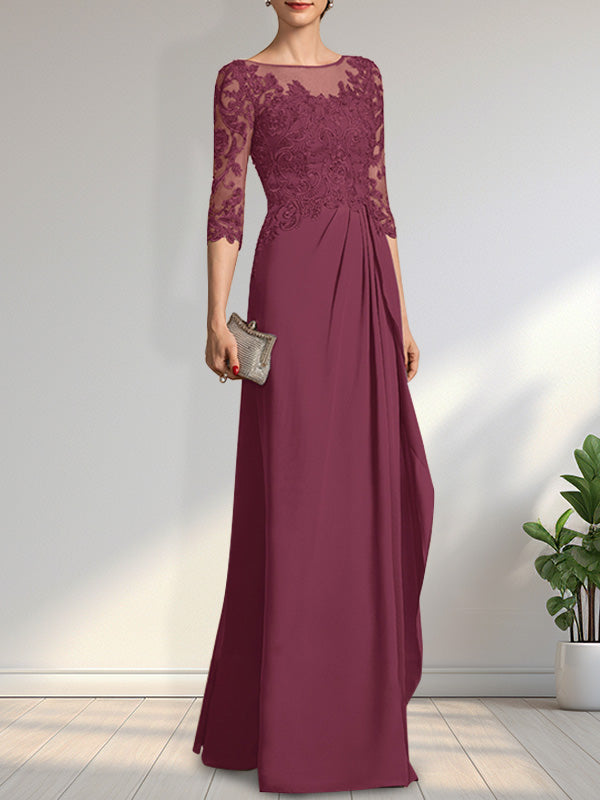 A-Linien-Kleid mit U-Boot-Ausschnitt, Illusion-Effekt, bodenlang, aus Chiffon und Spitze, mit Perlen, Pailletten und kaskadenartigen Rüschen – perfekt für die Mutter der Braut.