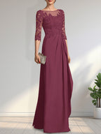 A-Linien-Kleid mit U-Boot-Ausschnitt, Illusion-Effekt, bodenlang, aus Chiffon und Spitze, mit Perlen, Pailletten und kaskadenartigen Rüschen – perfekt für die Mutter der Braut.