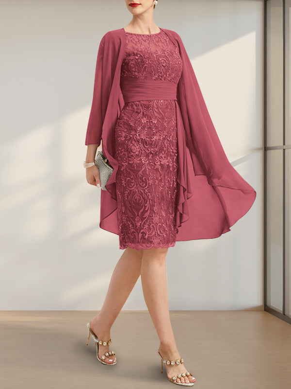 Etuikleid/Säulenkleid mit Illusion-Ausschnitt, knielang, aus Chiffon mit Spitze, Kaskadenrüschen und Pailletten für die Mutter der Braut