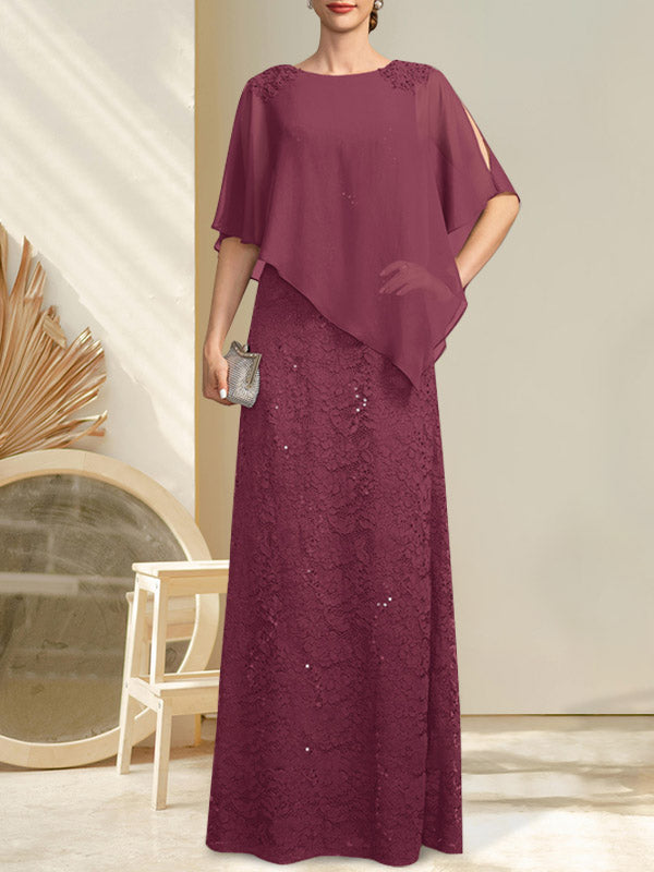 Vestido de madre de la novia de gasa con encaje, escote redondo y largo hasta el suelo, con lentejuelas y abalorios