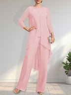 Zweiteiliger Jumpsuit/Hosenanzug, bodenlanges Chiffonkleid für die Mutter der Braut mit Paillettenbesatz und Rundhalsausschnitt.