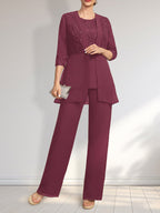 Jumpsuit/Hosenanzug-Set, bodenlanges Chiffon-Spitzenkleid mit Pailletten für die Mutter der Braut mit Rundhalsausschnitt