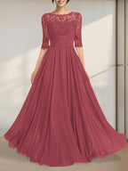 A-Linien-Kleid mit Illusion-Ausschnitt, bodenlang, aus Chiffon und Spitze, mit plissierten Pailletten und V-Ausschnitt für die Mutter der Braut