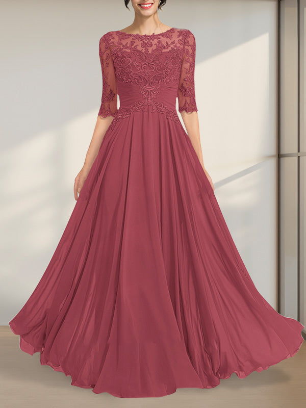 A-Linien-Kleid mit Illusion-Ausschnitt, bodenlang, aus Chiffon und Spitze, mit plissierten Pailletten und V-Ausschnitt für die Mutter der Braut