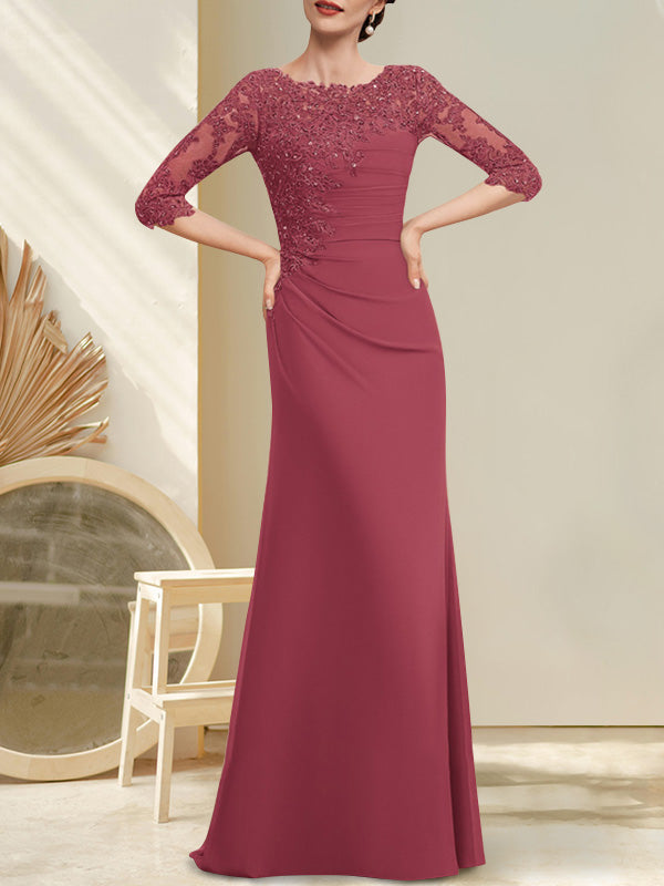 A-Linien-Kleid aus Chiffon und Spitze in Bodenlänge für die Mutter der Braut mit Perlenstickerei, Falten und Pailletten