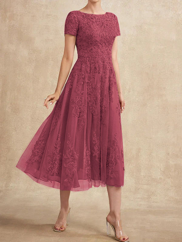 A-Linien-Kleid aus Tüllspitze mit Rundhalsausschnitt und Teelänge für die Mutter der Braut 