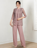 Chiffon-Hosenanzug mit Rundhalsausschnitt und Jacke für die Mutter der Braut 