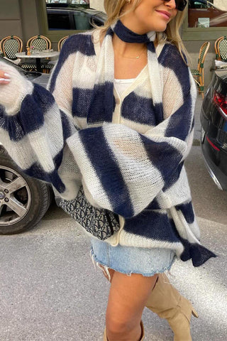 Suéter Meridress con mangas farol, botones, rayas en bloques de color y bufanda