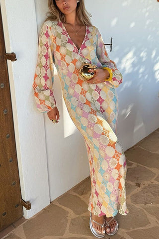 Meridress V Neck Lantern Sleeves Geometric Print Maxi Dress