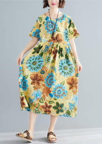 Túnica de algodón con estampado amarillo DIY, cuello redondo, patchwork, vestido de verano de talla grande 