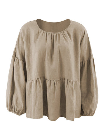 Camiseta informal holgada de lino con mangas abullonadas y plisada de color liso 