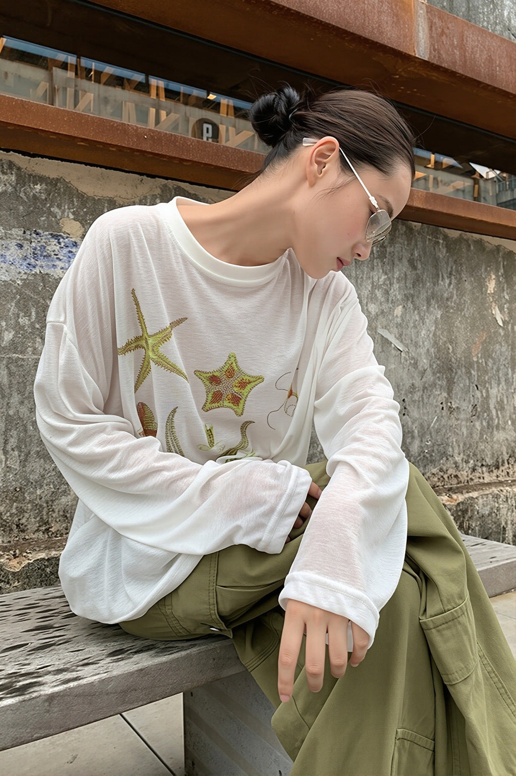 Casual Starfish Sheer Long Sleeve T-shirt