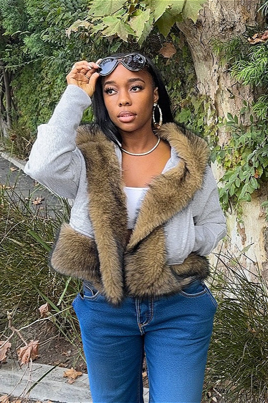 Short Loose Thick Pieced Fur Trim Hoodie