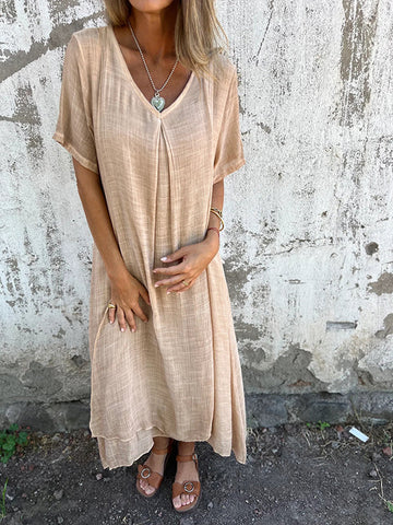 Vestido midi de algodón y lino con cuello en V 