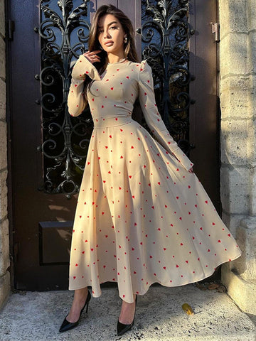 Mini Triangle Printed Dress Round Neck Long Sleeves Casual Maxi Dresses