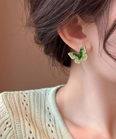 Stylish Green Sterling Silver Alloy Crystal Zircon Butterfly Stud Earrings