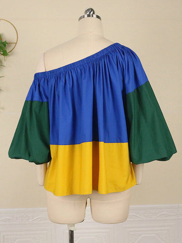 Loose Belted Color-Block Falbala One-Shoulder Shirts Tops