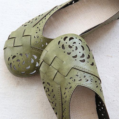 Zapatos planos casuales de cuero con plantilla de lino trenzado y huecos 