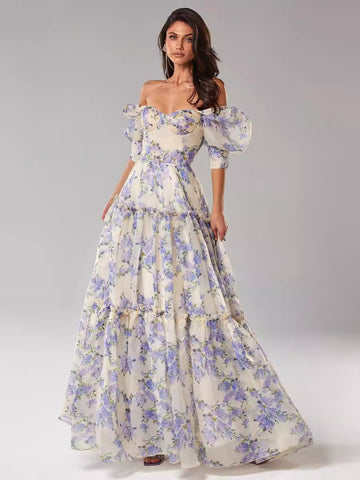 Party Dress Floral Off The Shoulder Tiered A-Line Elegant Prom Maxi Dresses