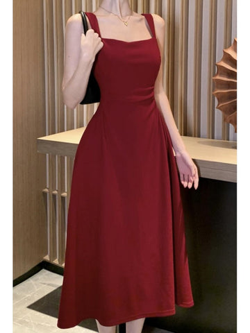 Elegante vestido midi liso de verano para mujer, con tirantes finos, cuello cuadrado, cintura alta, ajustado, para fiesta de noche, vestido de graduación, nuevo 