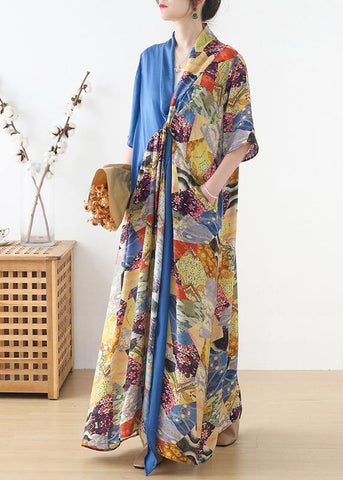 Vestido veraniego de gasa con patchwork y estampado azul sencillo 