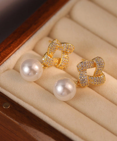 Pendientes colgantes cuadrados de perla y circonita de aleación de plata esterlina y oro de moda 