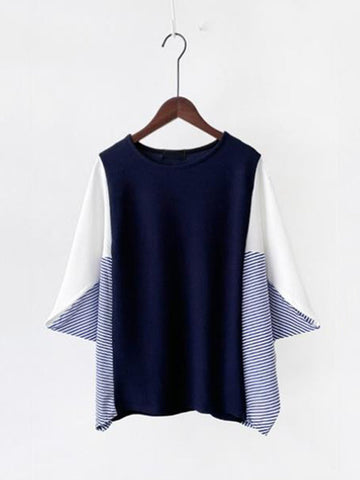 Batwing Sleeves Loose Contrast Color Split-Joint Round-Neck T-Shirts Tops