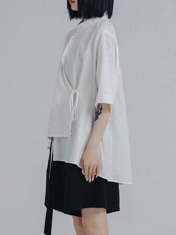 Loose Raglan Sleeve Asymmetric Buttoned Solid Color Tied Stand Collar Blouses&Shirts Tops