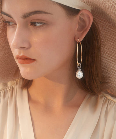 Pendientes de aro con perla y circonitas de aleación de plata esterlina y oro de moda 