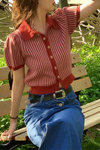 Thin Knit Turn-down Collar Short Sleeve Cardigan