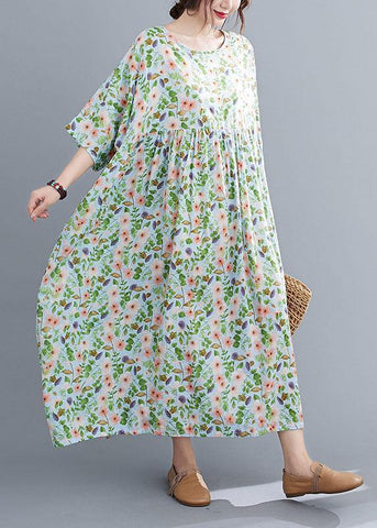 Vestido de verano bohemio verde claro con cuello redondo y estampado de patchwork, media manga 