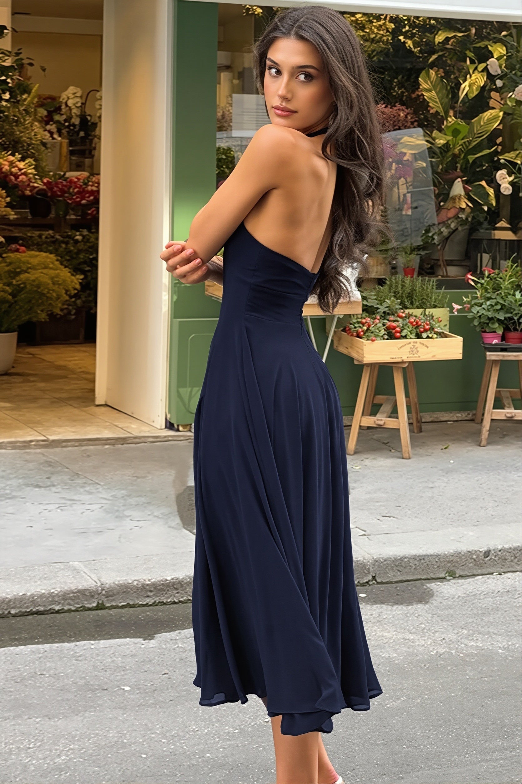 Chic Solid Halter Contrast Backless Slim Maxi Dress