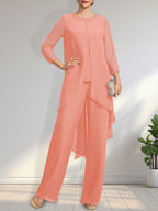 Zweiteiliger Jumpsuit/Hosenanzug, bodenlanges Chiffonkleid für die Mutter der Braut mit Paillettenbesatz und Rundhalsausschnitt.