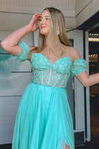 A-Linien-Chiffon-Abendkleid mit herzförmigem Ausschnitt und Puffärmeln