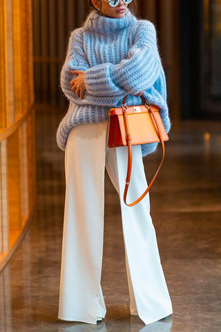 Meridress Turtleneck Drop Shoulder Fluffy Pullover Sweater